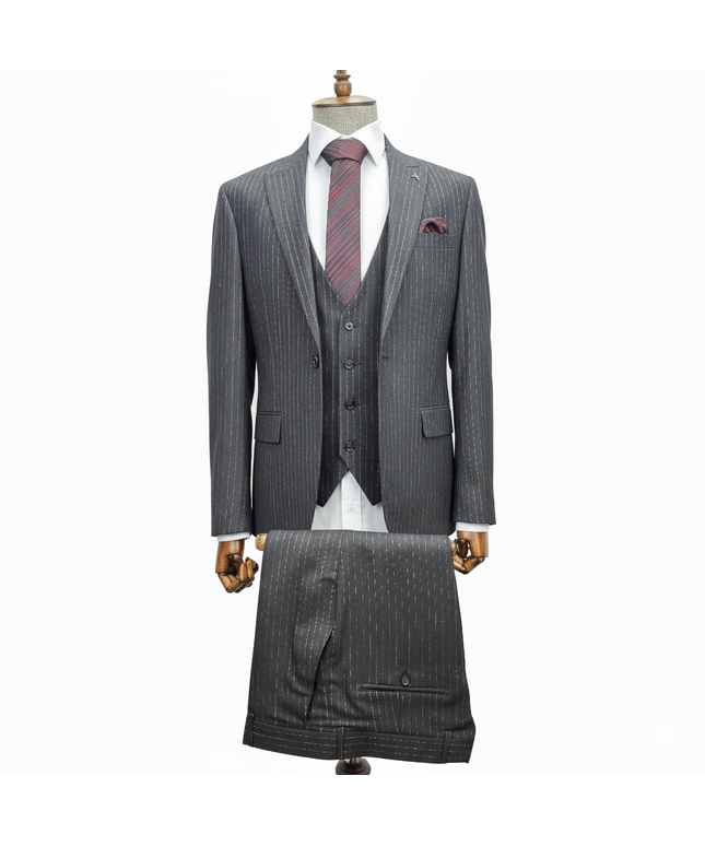 Gray pinstripe suit on a mannequin with a white background