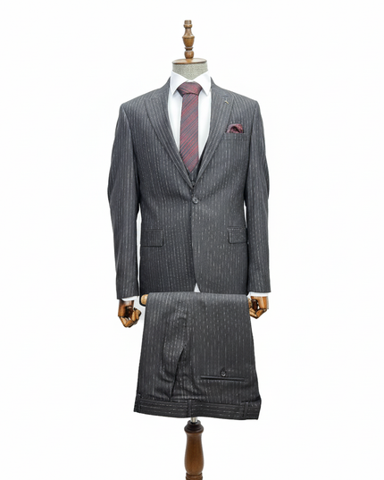 Gray pinstripe suit on a mannequin with a white background