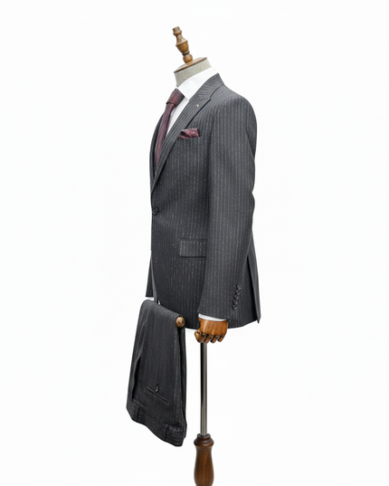 Gray pinstripe suit on a mannequin against a white background