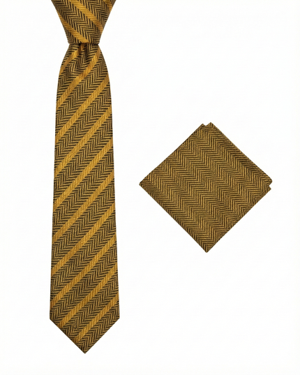 Golden Bronze Herringbone Stripe Tie & Pocket Square Set