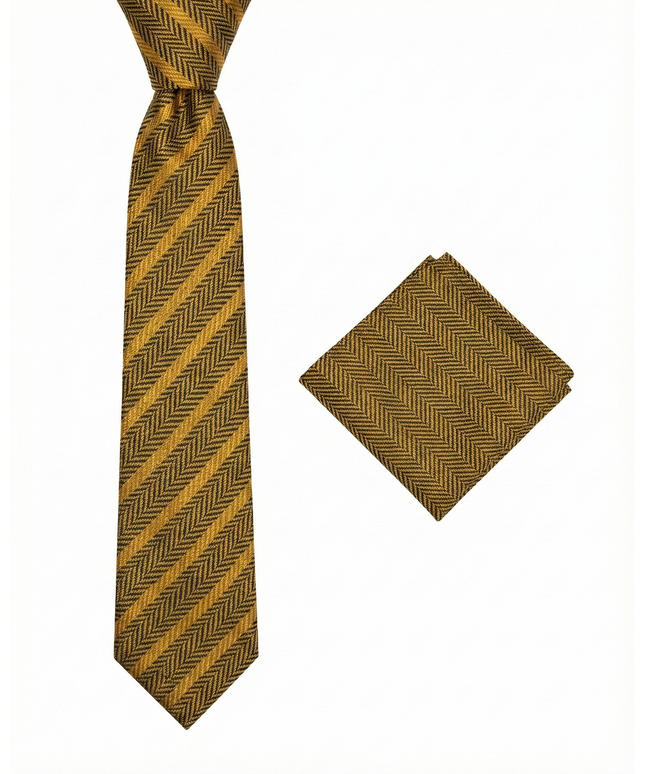Golden Bronze Herringbone Stripe Tie & Pocket Square Set