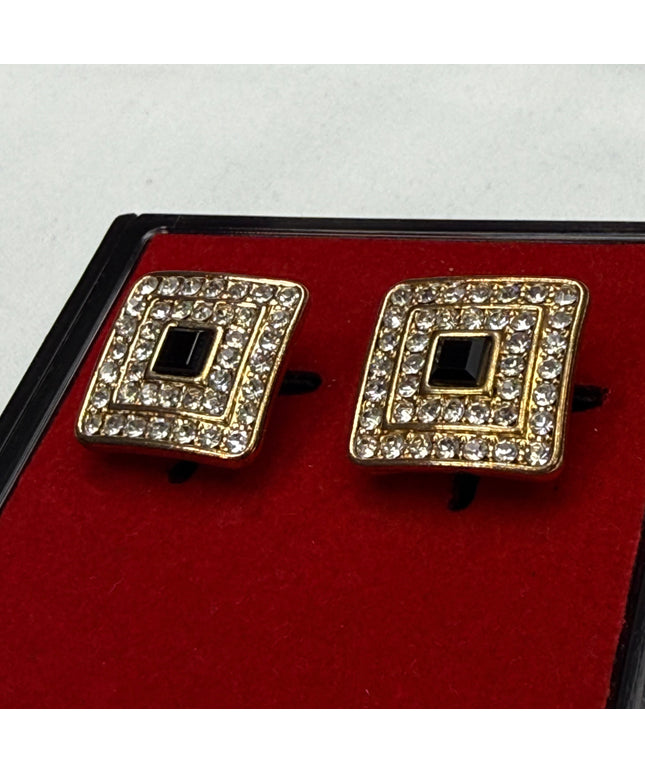Gold-Tone Square Crystal & Black Inlay Cufflinks