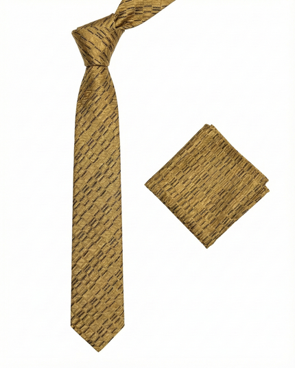 Gold patterned tie and matching pocket square on a white background