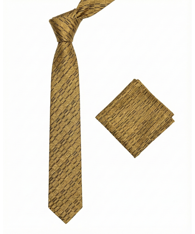 Gold patterned tie and matching pocket square on a white background