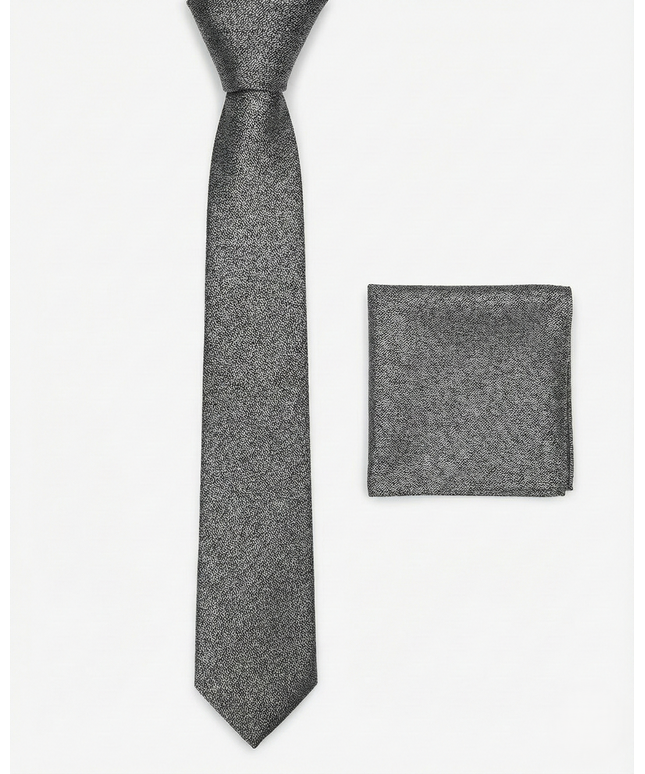 Gray textured tie and matching pocket square on a white background