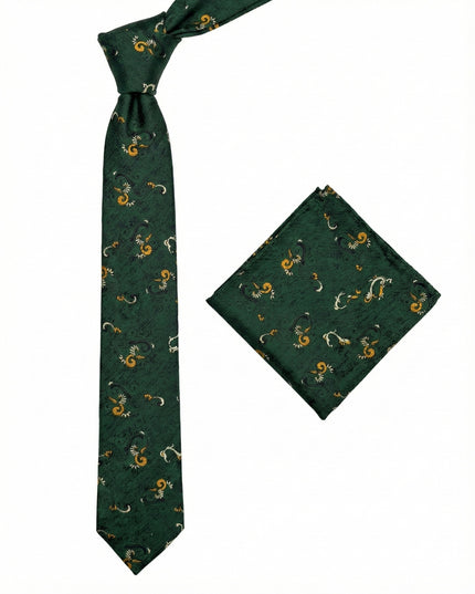 Green patterned tie and pocket square set on a white background