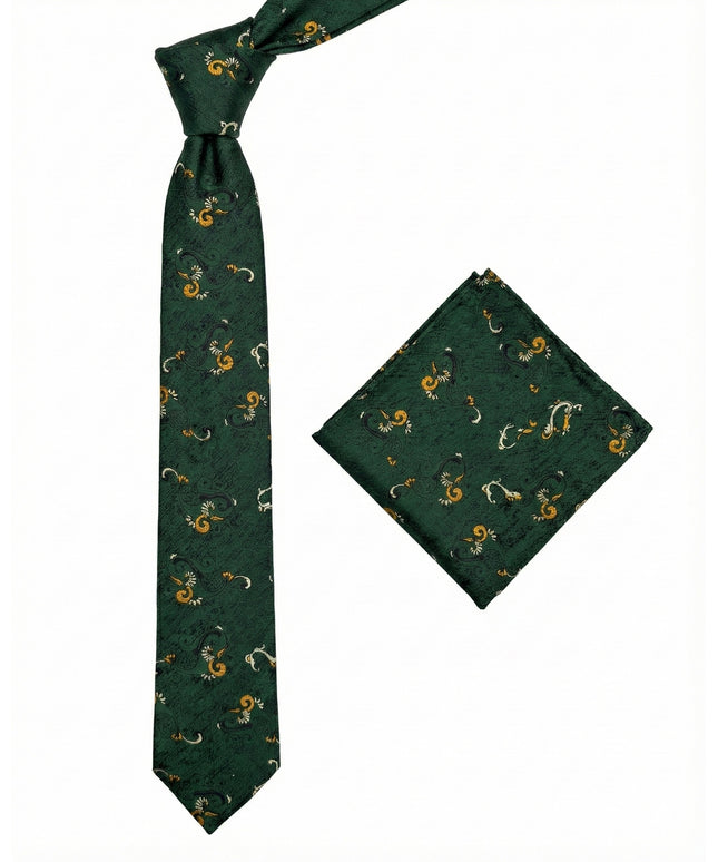 Green patterned tie and pocket square set on a white background