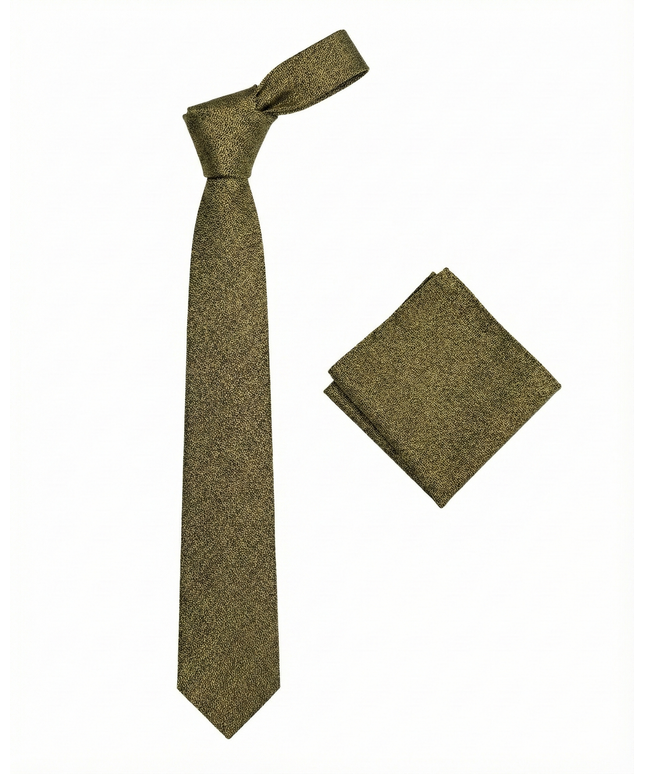 Green tie and matching pocket square on a white background