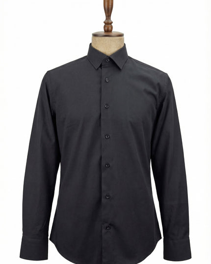 Black dress shirt on a mannequin against a white background