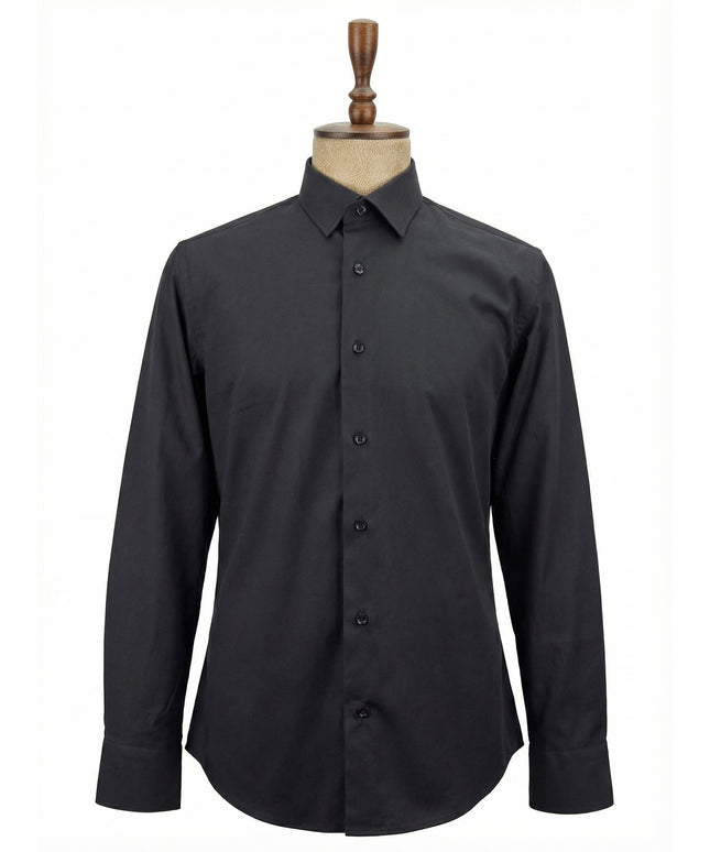 Black dress shirt on a mannequin against a white background