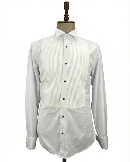 White dress shirt with black buttons on a mannequin against a white background