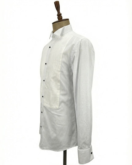 White dress shirt with black buttons on a mannequin against a white background