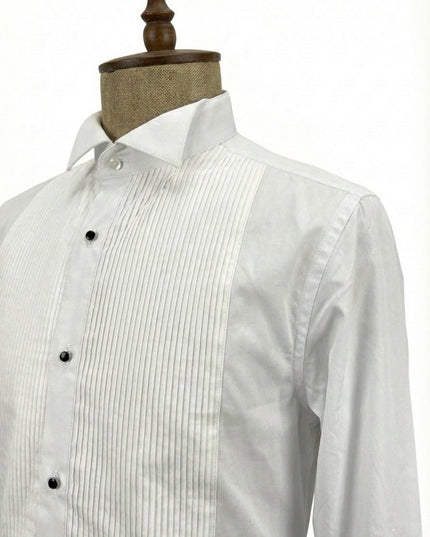 White dress shirt with black buttons on a mannequin against a white background
