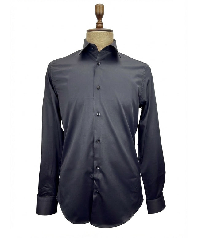 Dark gray dress shirt on a mannequin against a white background