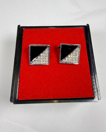 Modern Geometric Square Cufflinks | Black Onyx & Crystal Pavé