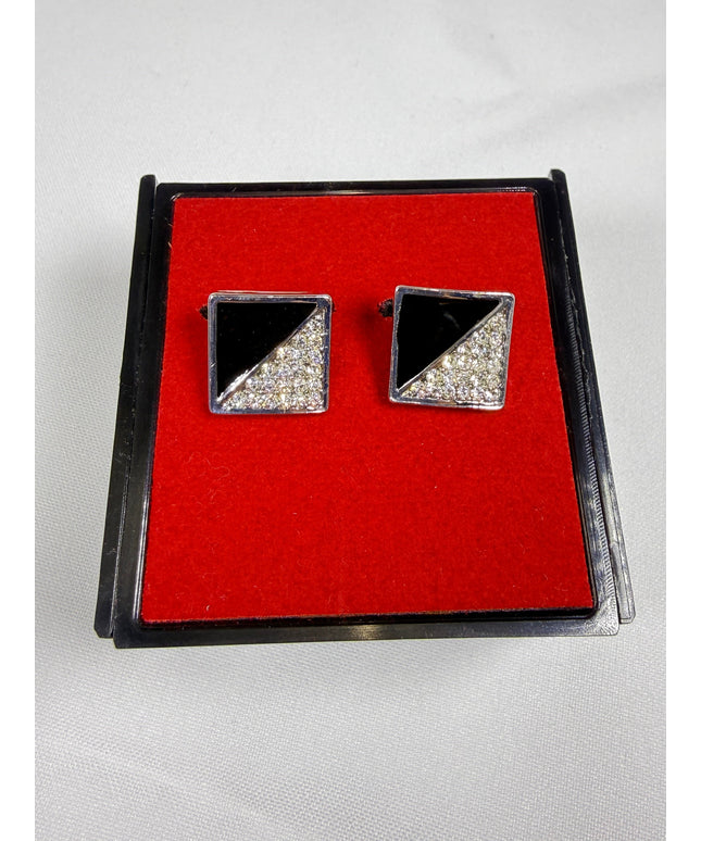 Modern Geometric Square Cufflinks | Black Onyx & Crystal Pavé