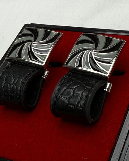 Modern Monochrome Swirl Cufflinks with Croc-Embossed Detail