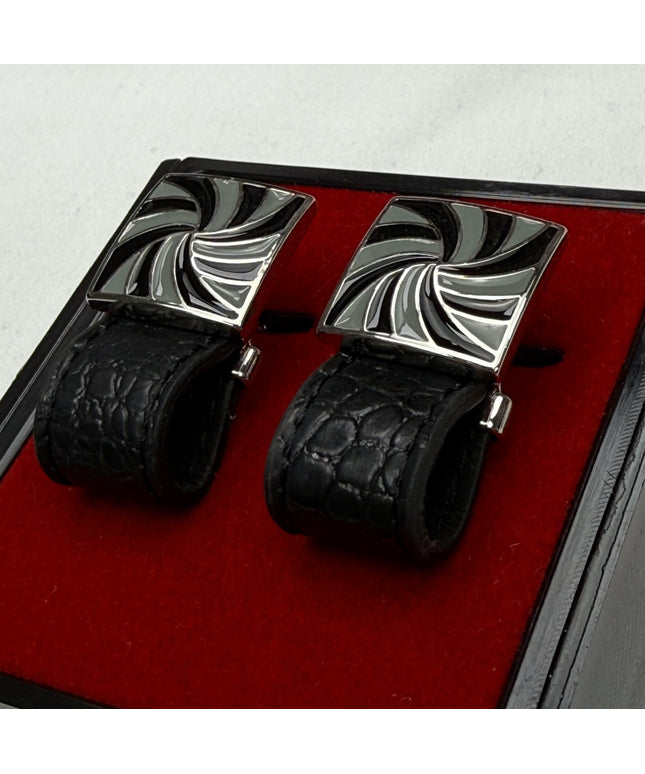 Modern Monochrome Swirl Cufflinks with Croc-Embossed Detail