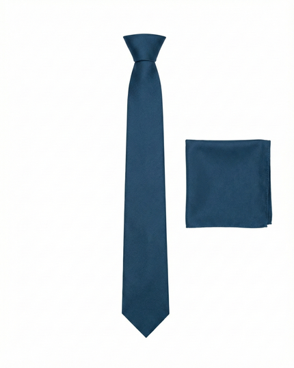 Navy blue tie and matching pocket square on a white background