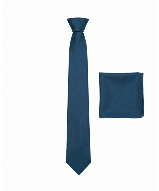 Navy blue tie and matching pocket square on a white background