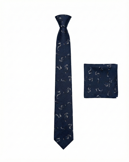 Navy blue tie and matching pocket square with a subtle pattern on a white background