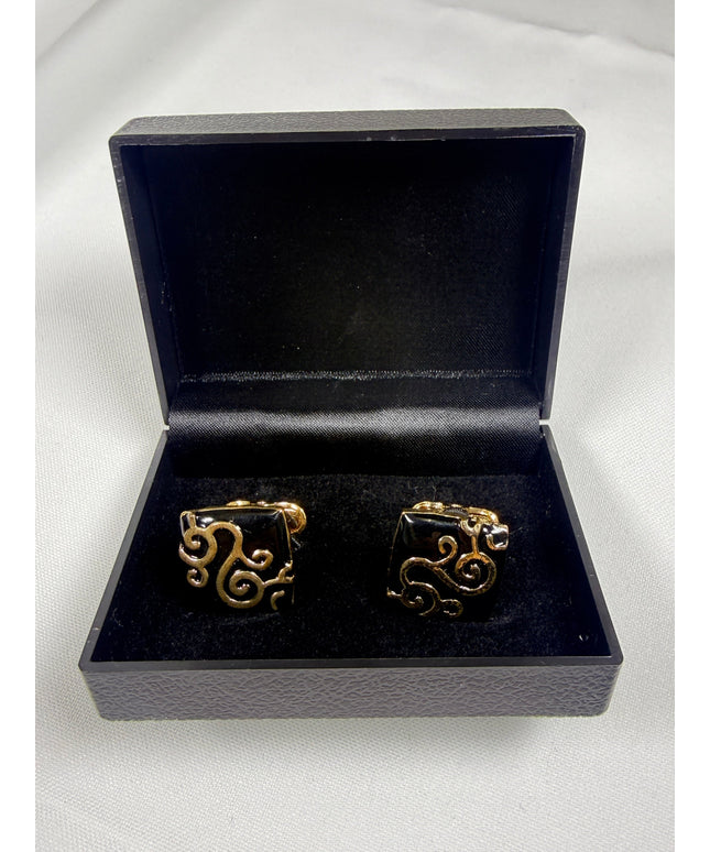 Ornate Gold-Tone Filigree & Black Enamel Cufflinks