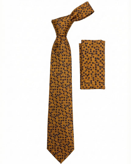 Patterned tie and matching pocket square on a white background