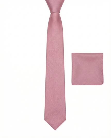 Pink tie and matching pocket square on a white background