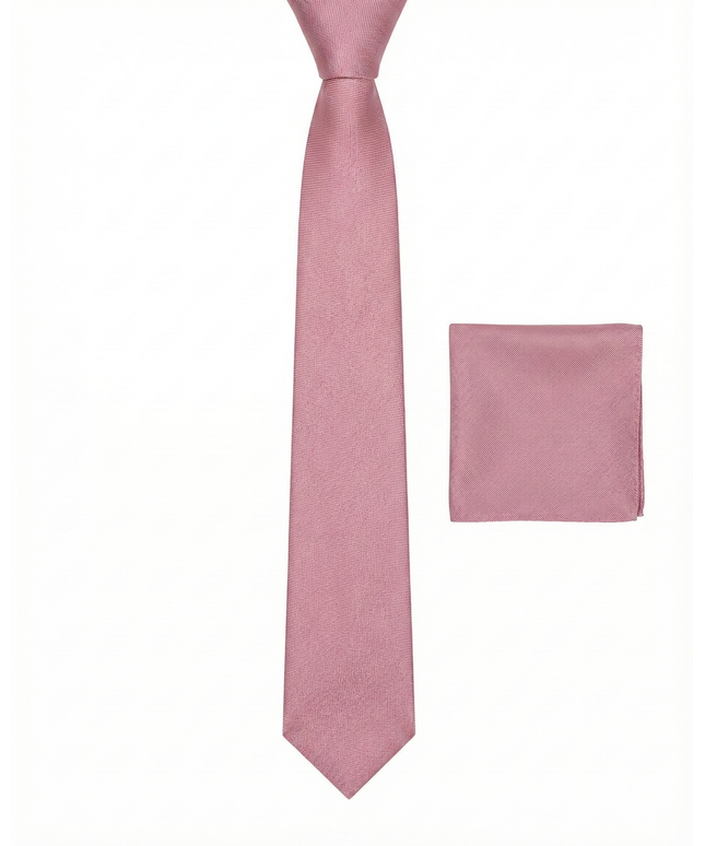 Pink tie and matching pocket square on a white background
