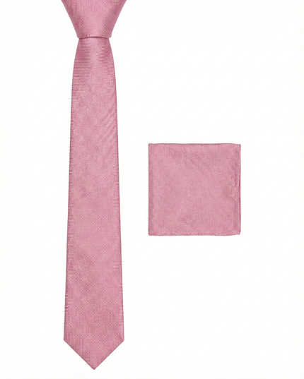 Pink tie and matching pocket square on a white background