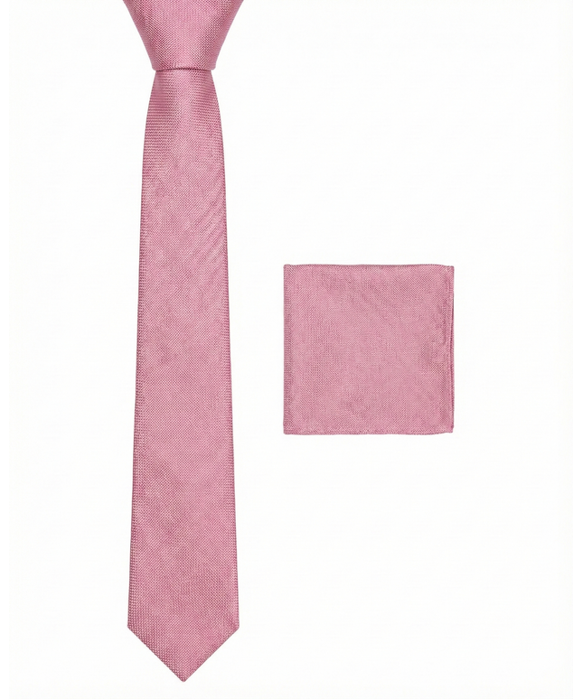 Pink tie and matching pocket square on a white background