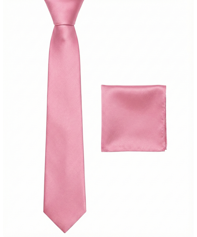 Pink tie and matching pocket square on a white background