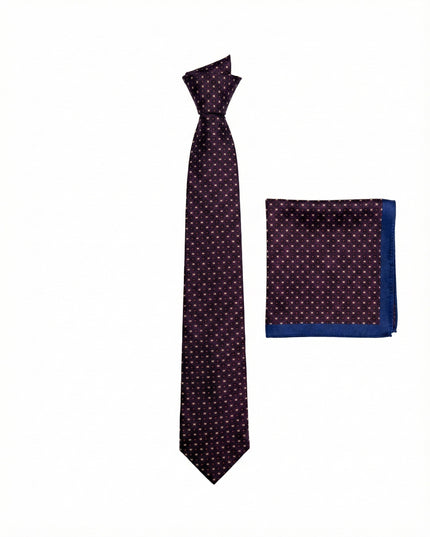 Set of purple polka dot tie and pocket square on a white background