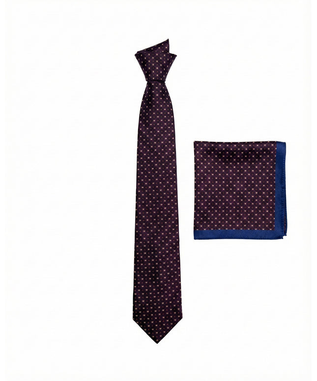 Set of purple polka dot tie and pocket square on a white background