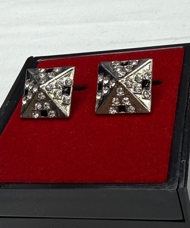 Square Art Deco Pyramid Crystal & Black Enamel Cufflinks