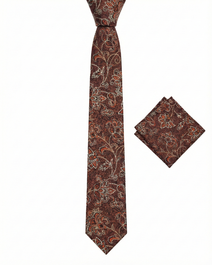 Vintage Brown & Copper Floral Jacquard Tie & Pocket Square Set