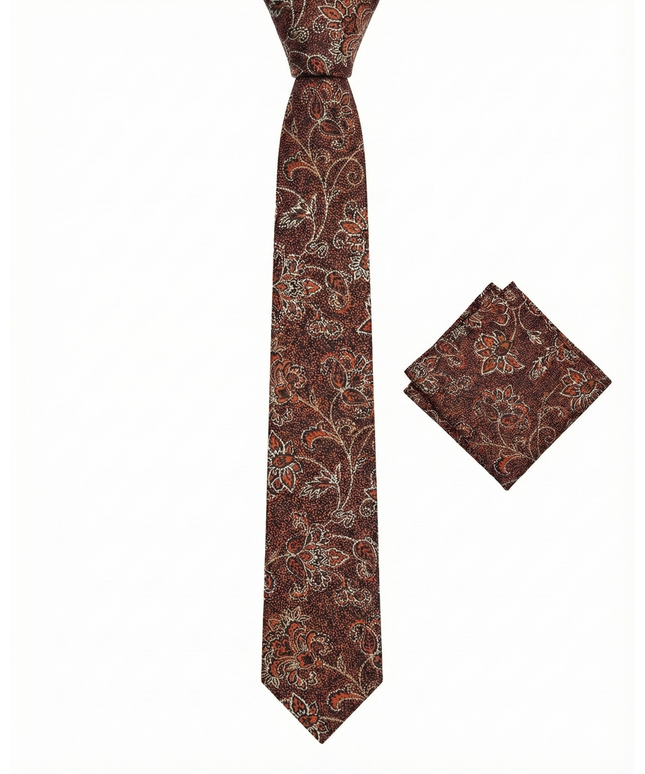 Vintage Brown & Copper Floral Jacquard Tie & Pocket Square Set