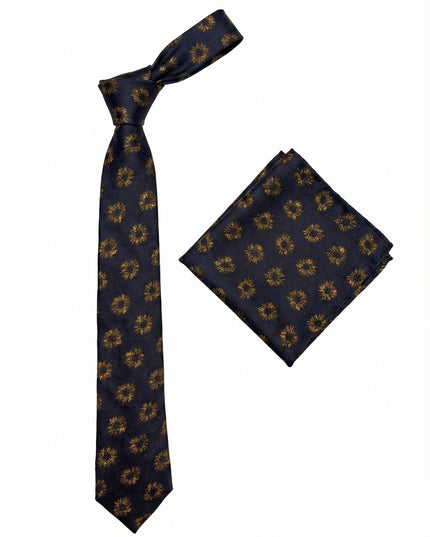 black tie with gold floral pattern and matching pocket square on a white background